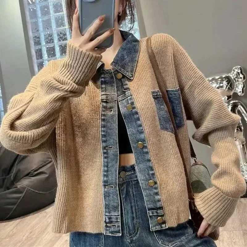 Korean Style Design Niche Loose and Western-style Sweater Womens 2024 Autumn New Denim Patchwork Knitted Top Fashionable JacketX240920