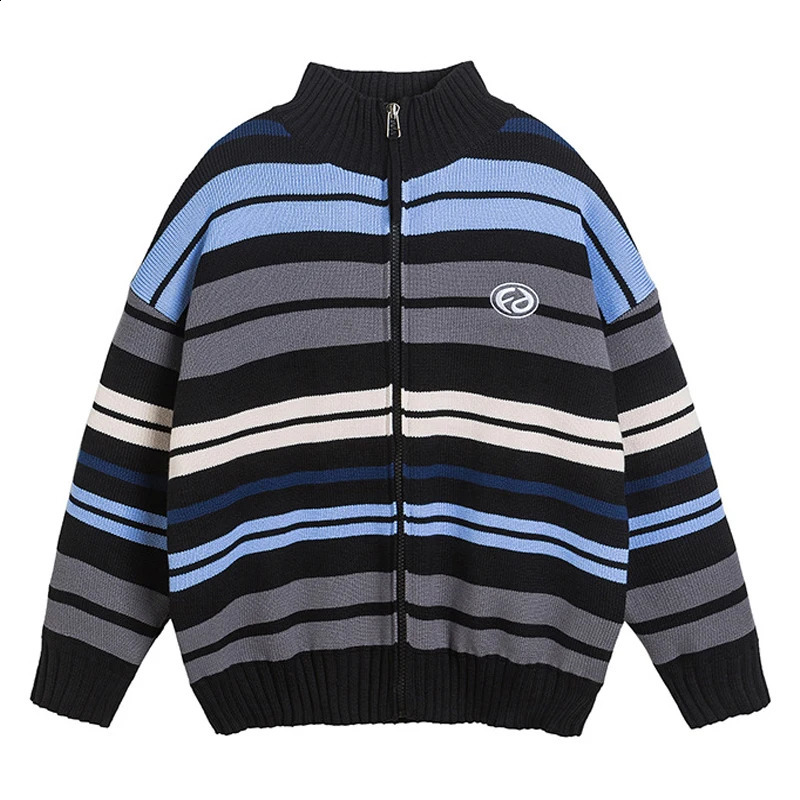 Autumn Striped Cardigan Men Harajuku Zipper Stand Neck Casual Sweaters Fashionable Korean Loose Jumpers Spring Couple Streetwear 240919