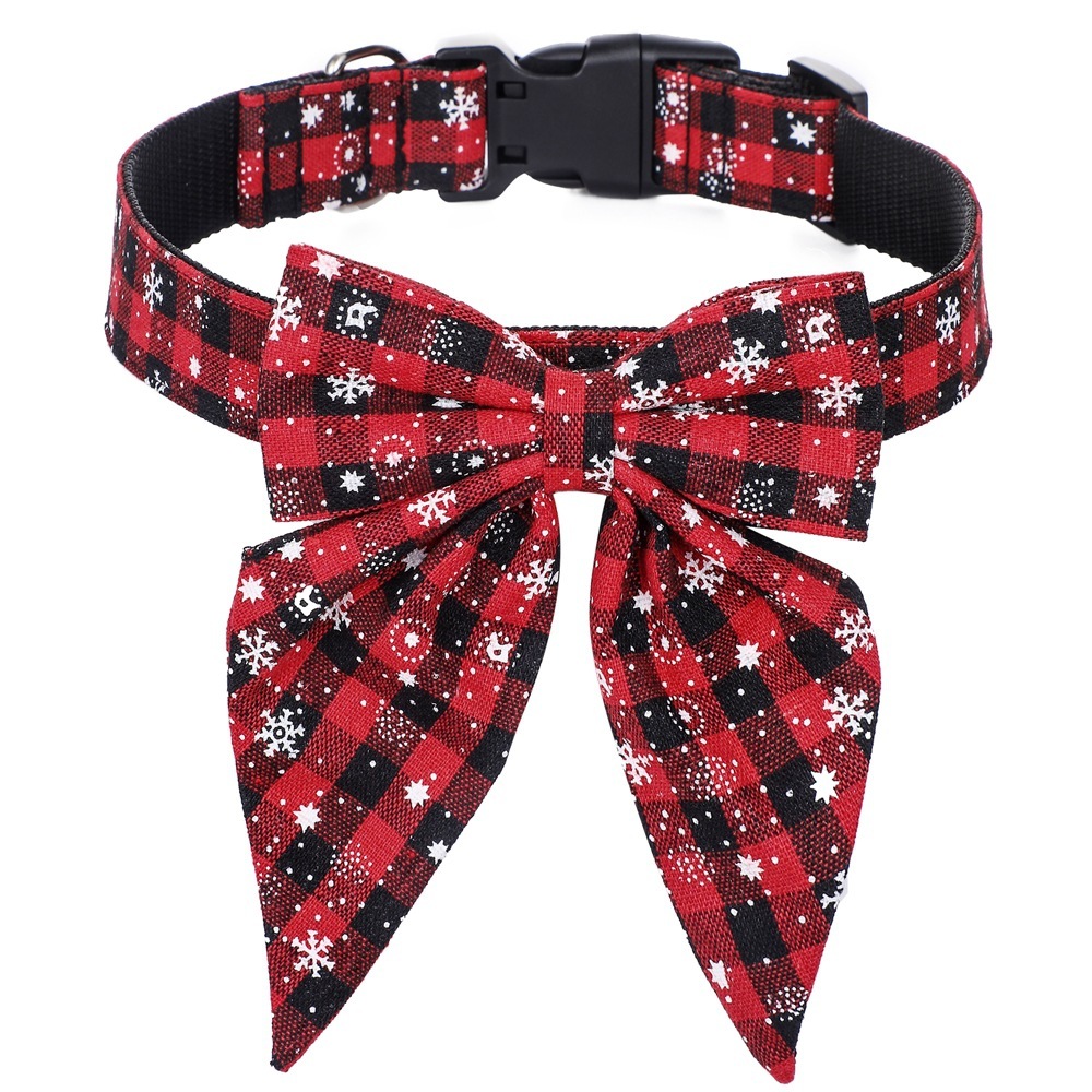 Christmas Dog Collar with Bow Adjustable Cotton Red Green Plaid Bowtie Dog Christmas Collars for Small Medium Large Dogs Pets