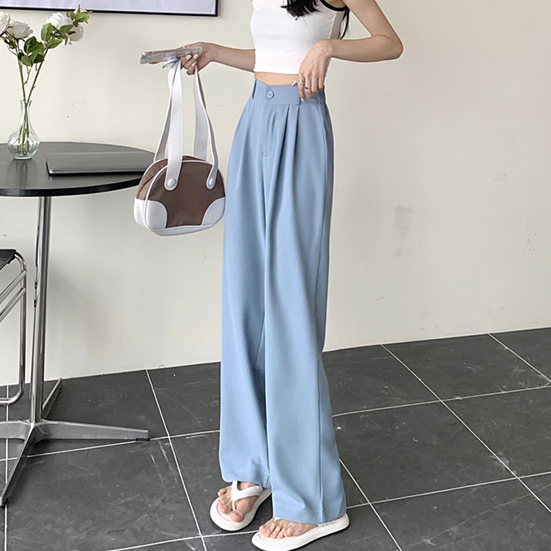 2026 Women Straight Silk Satin Suit Pants Lady Baggy Office High Waisted Trousers Female Elastic Wide Leg Blue Pink Green Slac