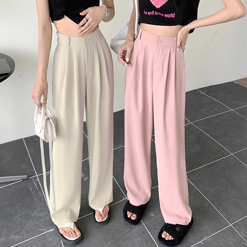 2026 Women Straight Silk Satin Suit Pants Lady Baggy Office High Waisted Trousers Female Elastic Wide Leg Blue Pink Green Slac