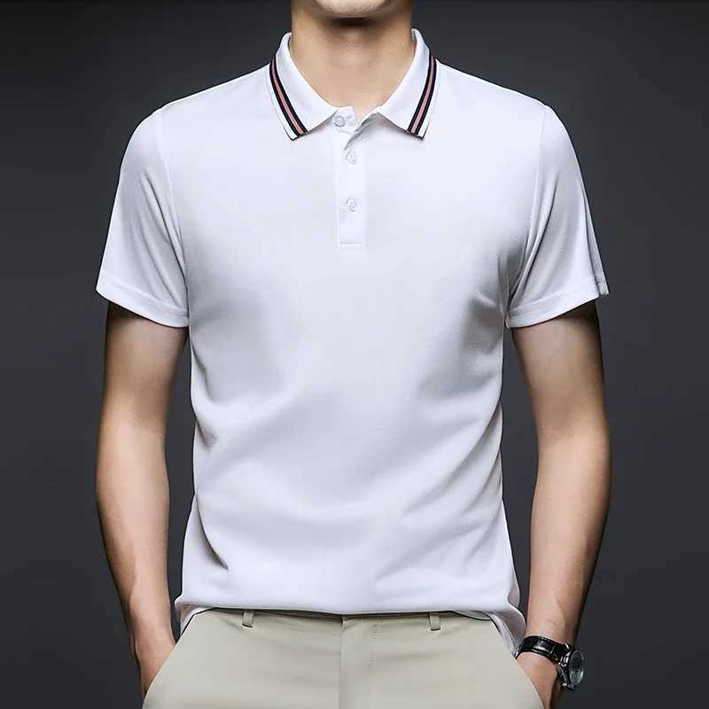 Mens Fashion Solid Short Sleeved Striped Lapel Polo Shirt Summer Breathable Comfortable TopX240920