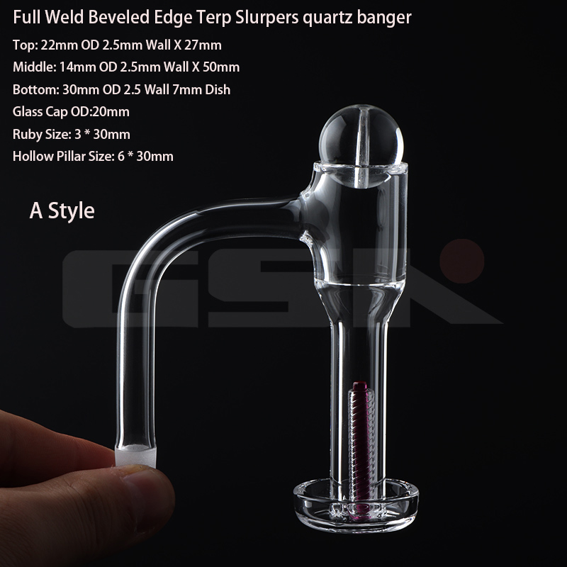 85mm high Full Weld Seamless Bucket Vortex Beveled Edge Terp Slurper Quartz Banger With Glass Marble Ruby Quartz Pillars