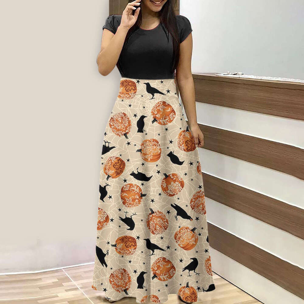 Hallowmas Halloween Gothic themed printed color blocked waist hugging holiday dress for women