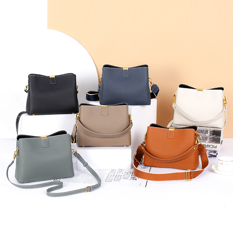 Hifashion Cowhide Genuine Leather Bucket Small Shoulder Crossbody For Women 2024 Trend Designer Wide Strap Tote Ladies Handbags