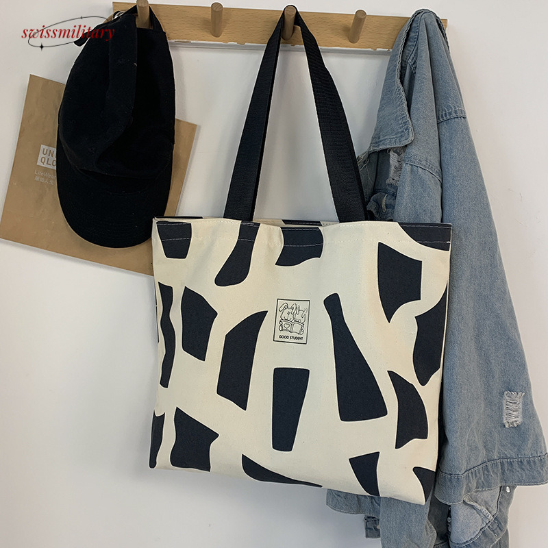 Canvas women one shoulder for class, college student outfit Korean style with zipper, artistic design, hand-held canvas bag #11 Swissmilitary