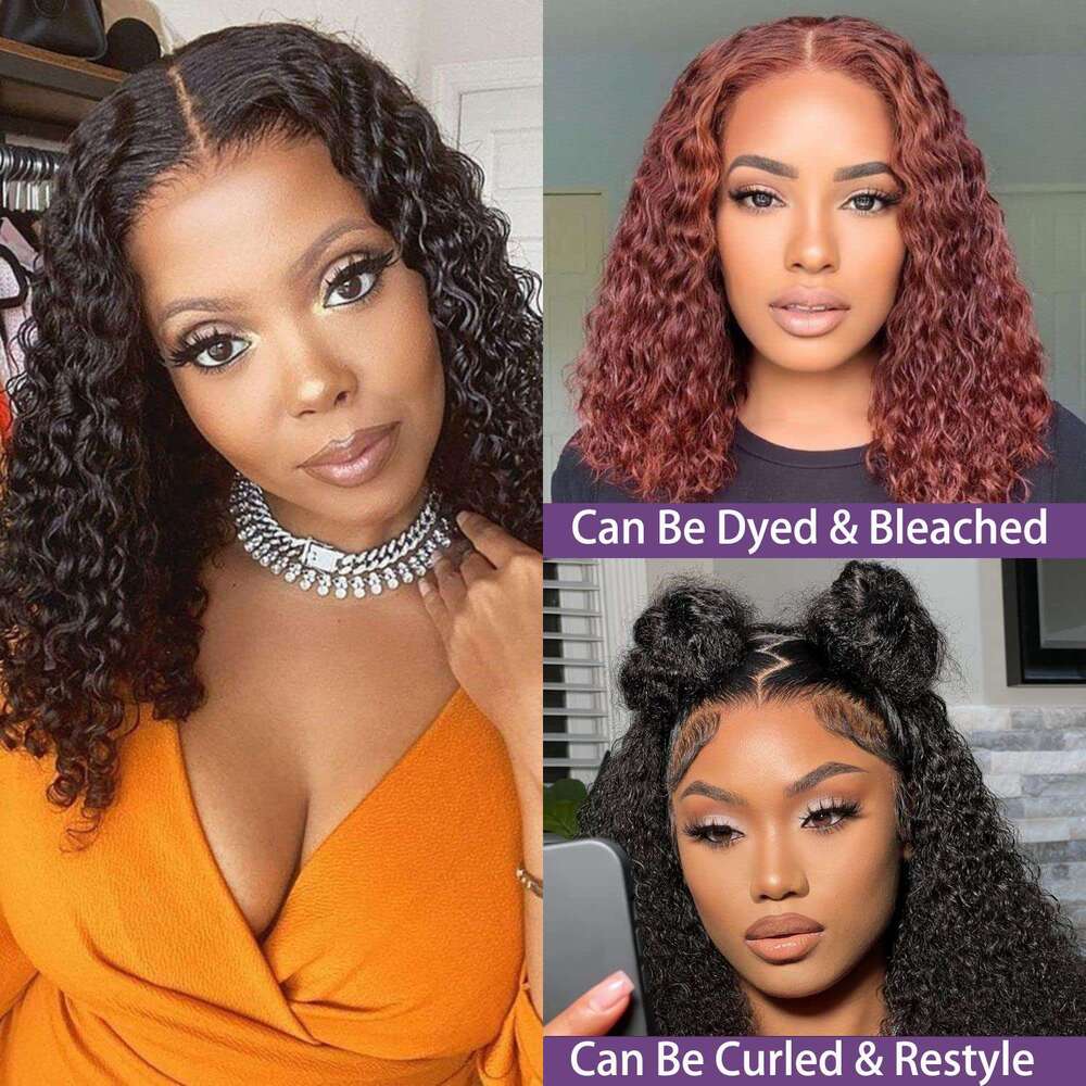 Curly Short Bob 200% 13X4 Frontal Human Wigs Deep Water Wave Lace Front Wig Pre Plucked Bleach Knots with Baby Hair