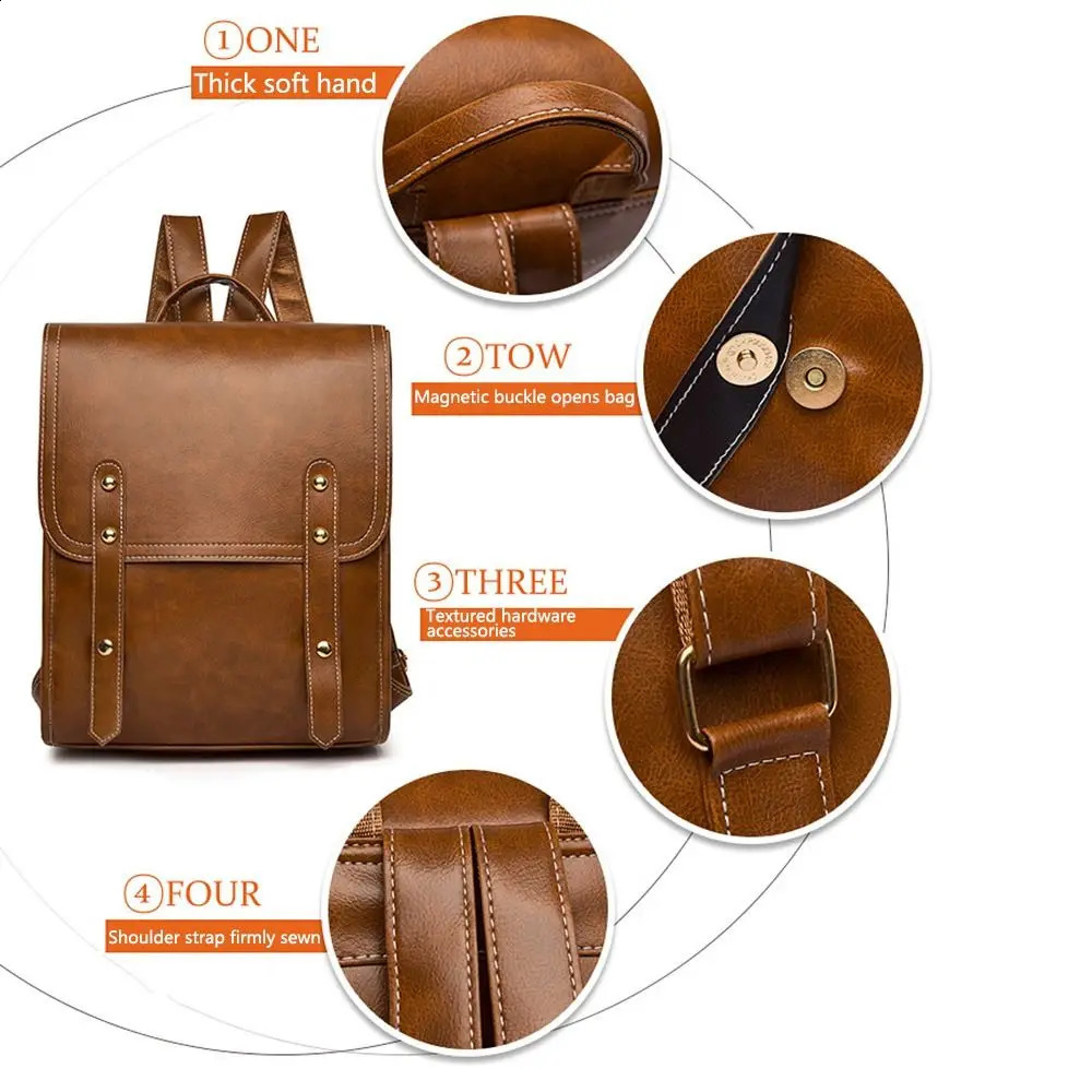 Pure leather backpack retro womens notebook bag brown synthetic leather backpack wallet weekend travel bag 240918