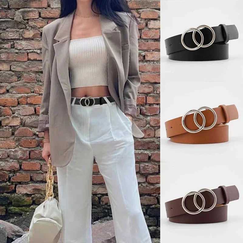 Double ring womens fashionable belt PU leather metal buckle heart-shaped pin belt womens casual dress jeans wild belt W240920