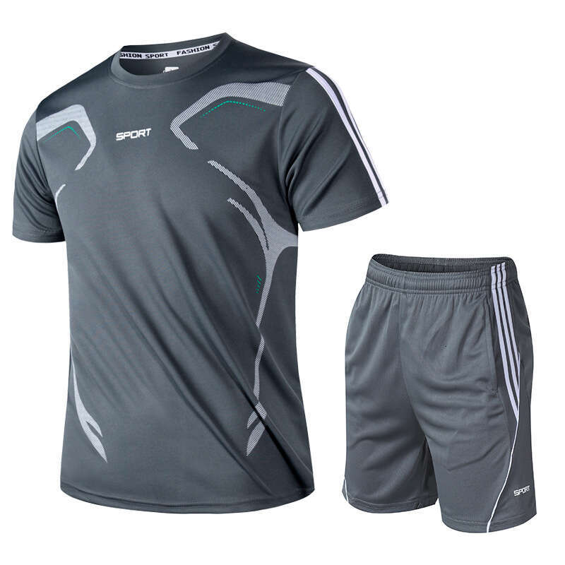 Sports Suit Men's Summer Fitness Short Sleeved Two-Piece T-Shirt Quick Drying Clothes Running Loose Casual Sports Round Neck