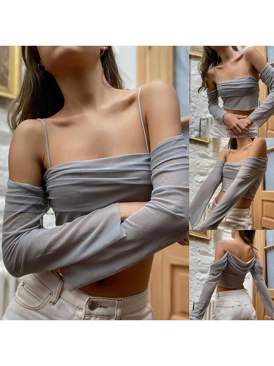 Mesh Sheer Off Shoulder s Crop Tops Sexy Women Long Sleeve Slash Y2K Clubwear T-shirts M240920