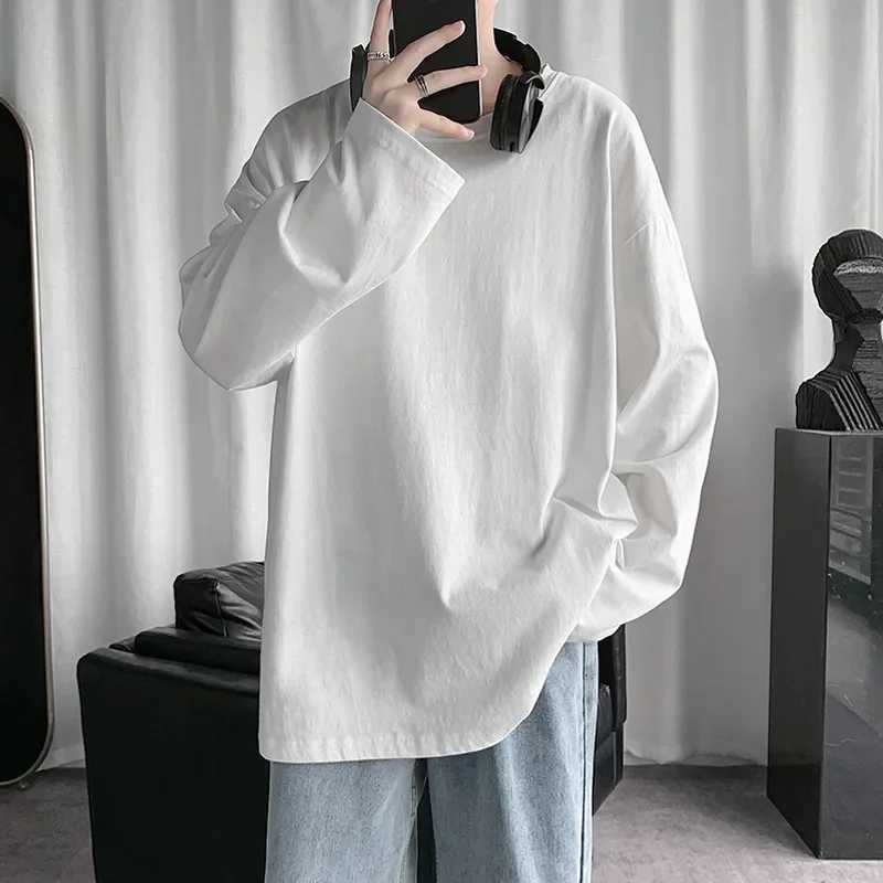 White Long Sleeve Loose-fit Casual T-shirt For Men Spring Autumn Trendy Hong Kong Korean Style Versatile Solid Color TopX240919