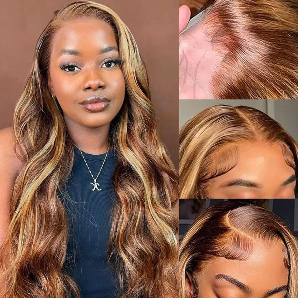 250 Density 4/27 Highlight Ombre 13x6 HD Frontal Wig Body Wave Human Hair 13x4 Lace Front Wigs 28 30 32Inch Brazilian Brown