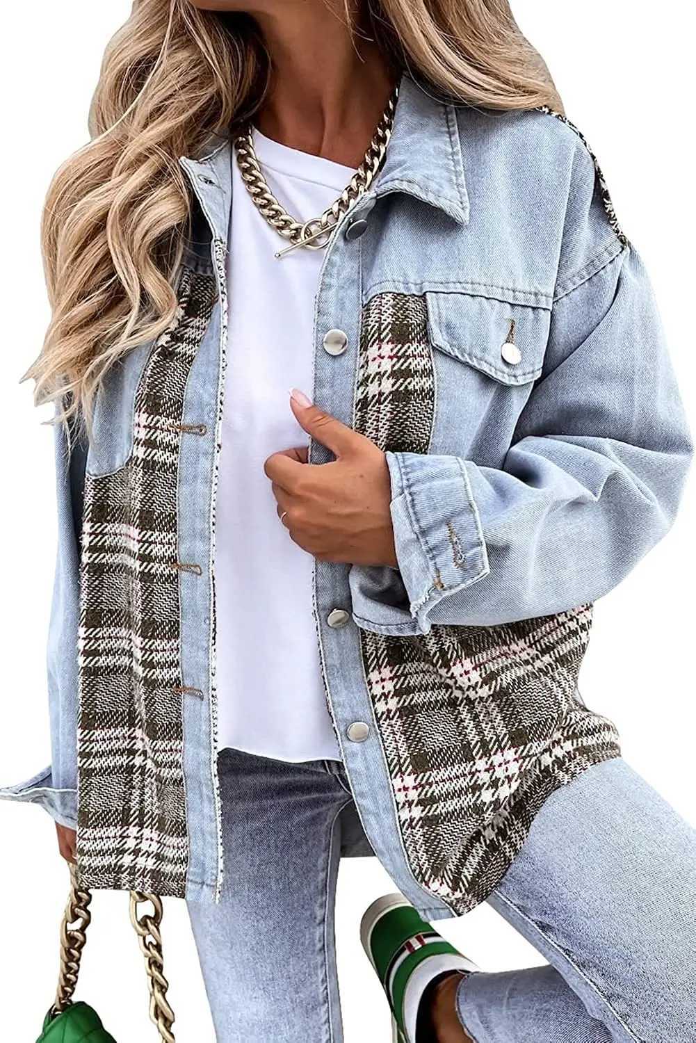 Womens Denim Jacket Long Sleeve Jean Top Plaid Button Down Shacket Jacket FashionX240920