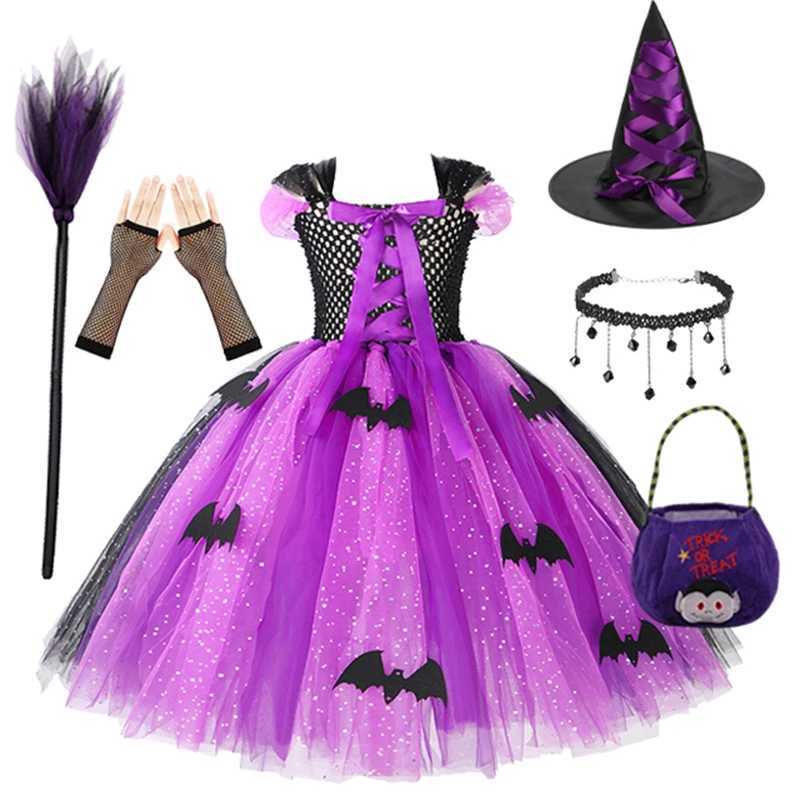 Halloween Children Girls Witch Party Tulle Dress Gothic Ghost Carnival Cosplay Costume Kids Gown Robe Knitted Dress Witch Hat Y240919