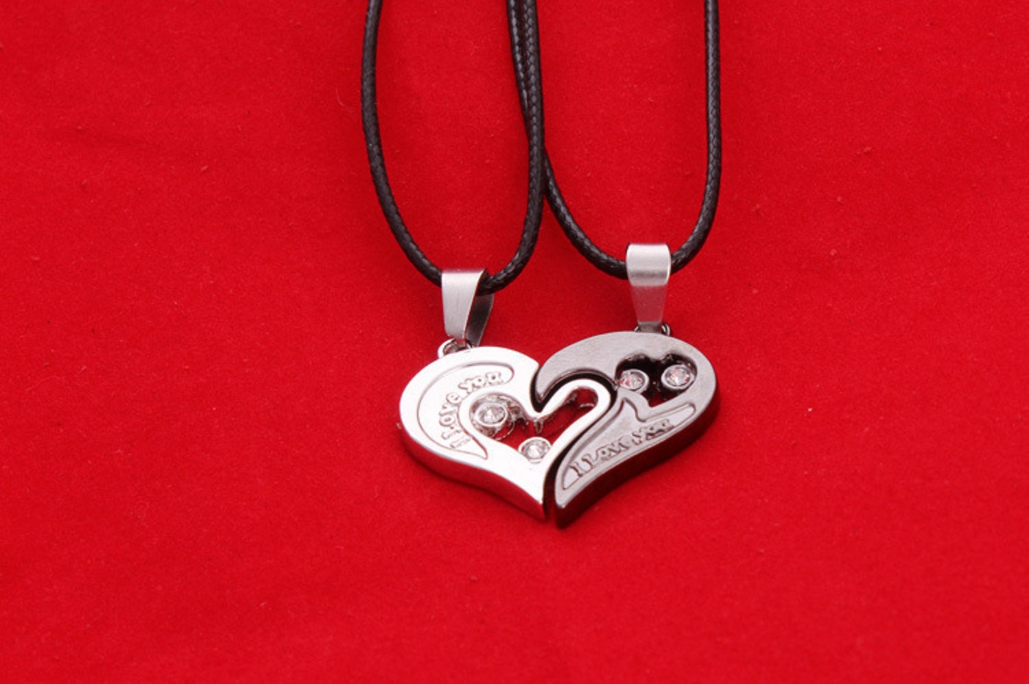 Fashion Heart Pendent Necklaces 18K Silver Plated I Love You 2 in 1 Crystal Couple Lovers Necklace Leather Chain Distance Relastionship Necklaces for 