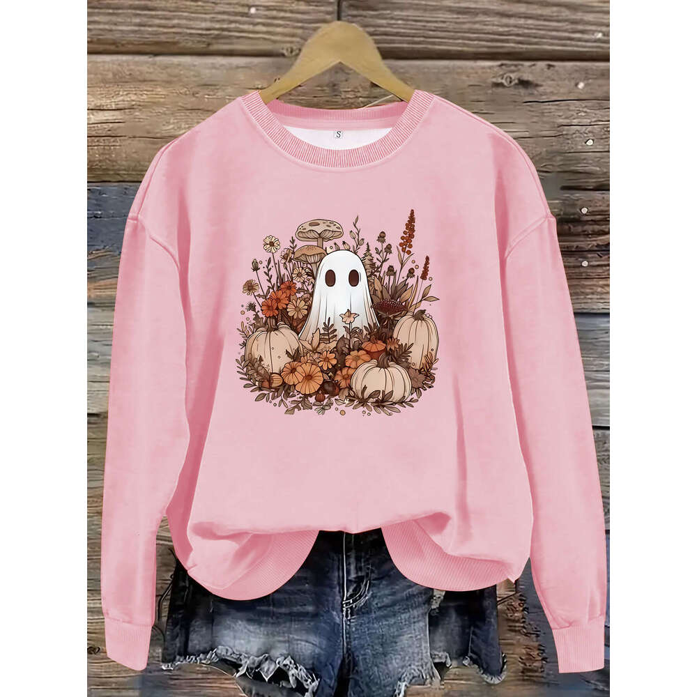 Hallowmas Autumn and Winter Womens Casual Long Sleeved Round Neck Cartoon Ghost Print Pullover Sweatshirt Hoodie Defined Jacket Jackets Womens Autumn 