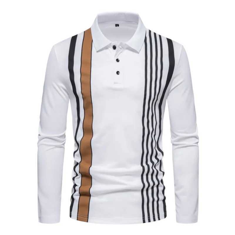 Autumn New Solid Stripe Design Polo Collar Mens Long Sleeve ShirtX240920