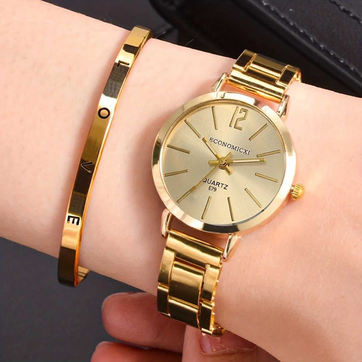 2pcs/set Womens Hip Hop Glamour Quartz Watch Enchanting Love Bangle Set - Golden Fashion Accessory for Valentines Day GiftX240920