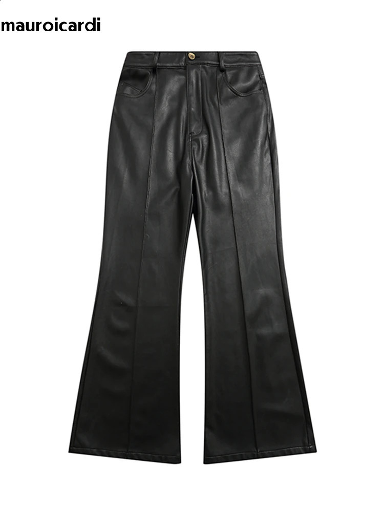 Mauroicardi Spring Autumn Cool Long Black Soft Pu Leather Flare Pants Mens High Waist American Retro Hippie Clothing 20023 240913