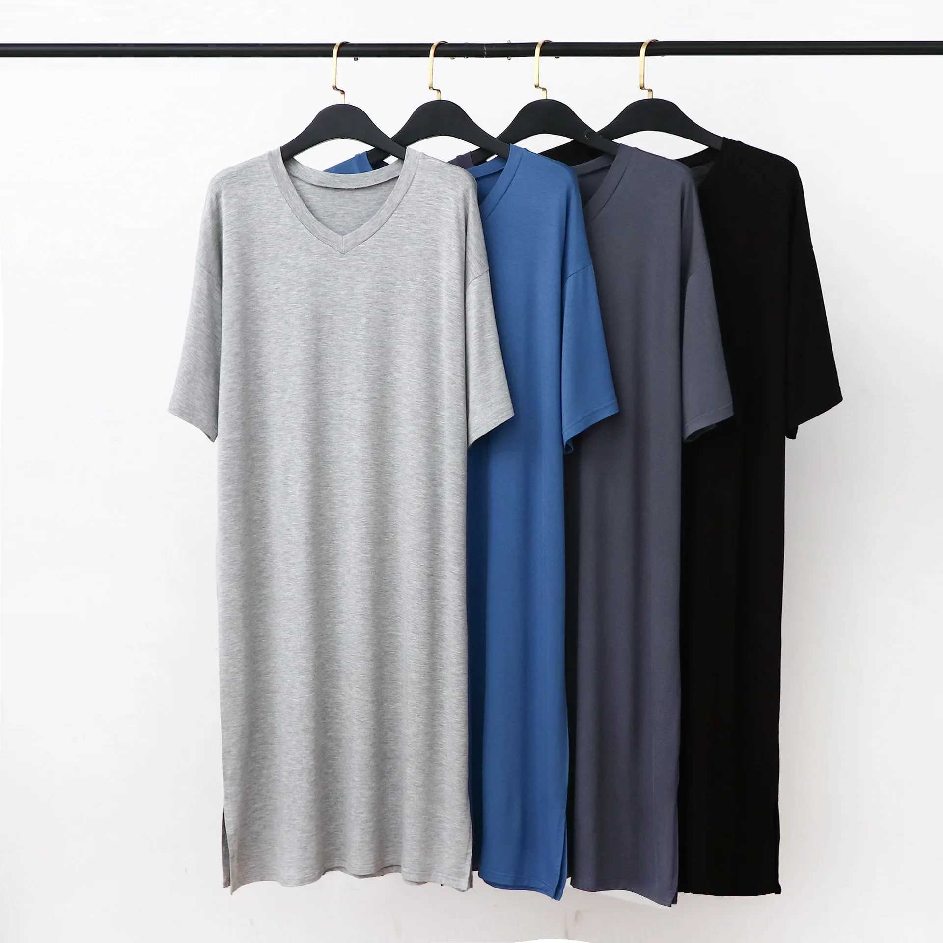 Modal Pajamas Home Clothes Mens Short-sleeved V-neck Mid-length One-piece Nightgown Loose Large Size Mens Cotton Bathrobe Y240919