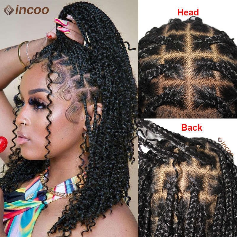 12 Inch Short Boho Braided Wigs Square Part Knotless Box Braids Curly Ends Synthetic Full Lace Cornrow Bob Wig For Women