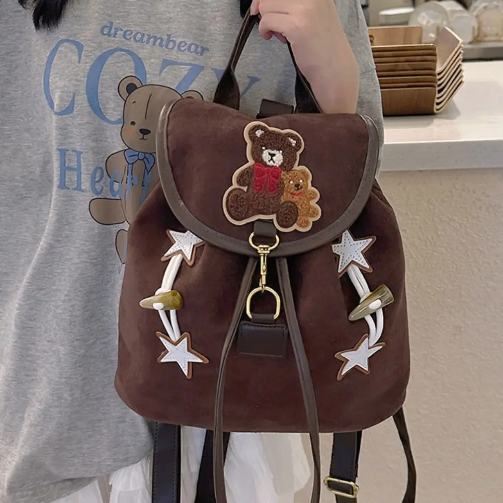 Creative Star Brown Bear Backpack Kawaii Cartoon PU Leather School Bag Large Capacity Knot Drawstring Bag for Students 240918
