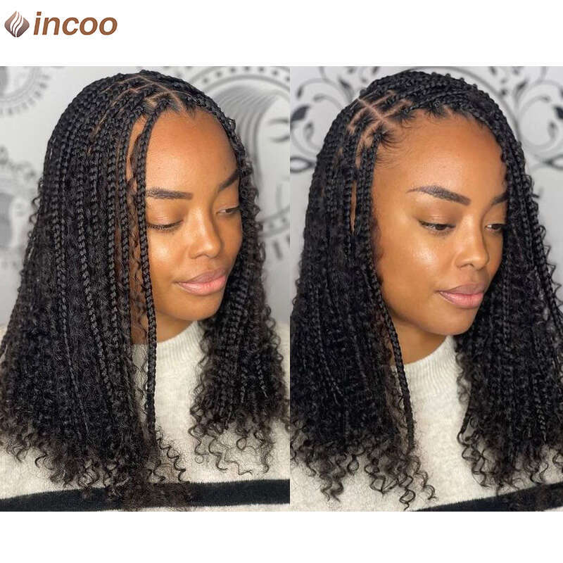12 Inch Short Boho Braided Wigs Square Part Knotless Box Braids Curly Ends Synthetic Full Lace Cornrow Bob Wig For Women