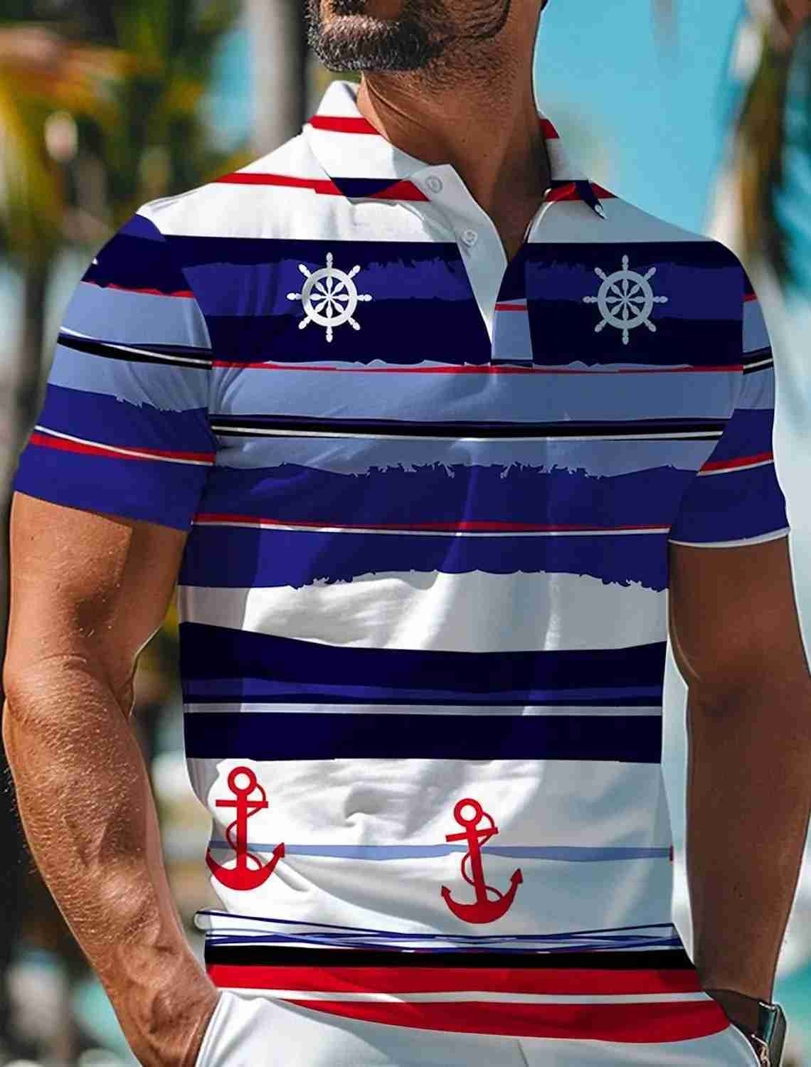 Striped Anchor Mens Casual 3D Polo Shirt Street Polyester Short Sleeve Turndown Polo Shirts Summer Micro-elastic Lapel PoloXJ240920