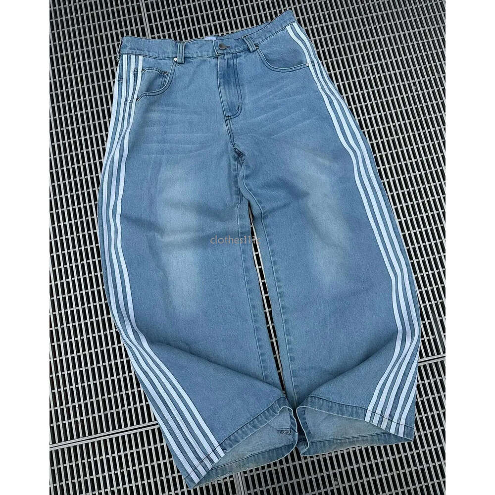 Distressed Striped Loose Blue Jeans 2024 Korean Version Y2k High Waist Fashion Casual Straight Pants Classic Simple Trousers