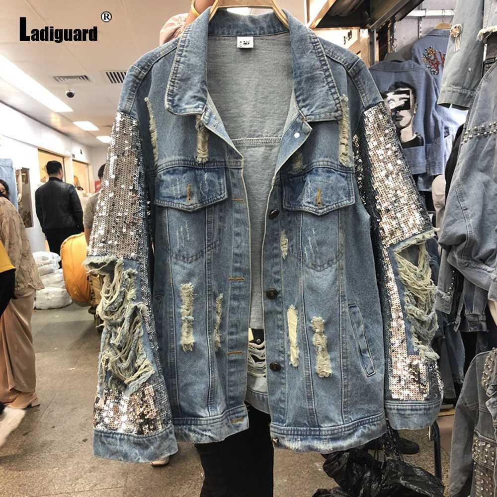 Ladiguard Women Sexy Ripped Denim Jacket Patchwork Sequins Demin Jackets Loose Vaqueros Mujer 2023 Single Breasted Top OuterwearX240920