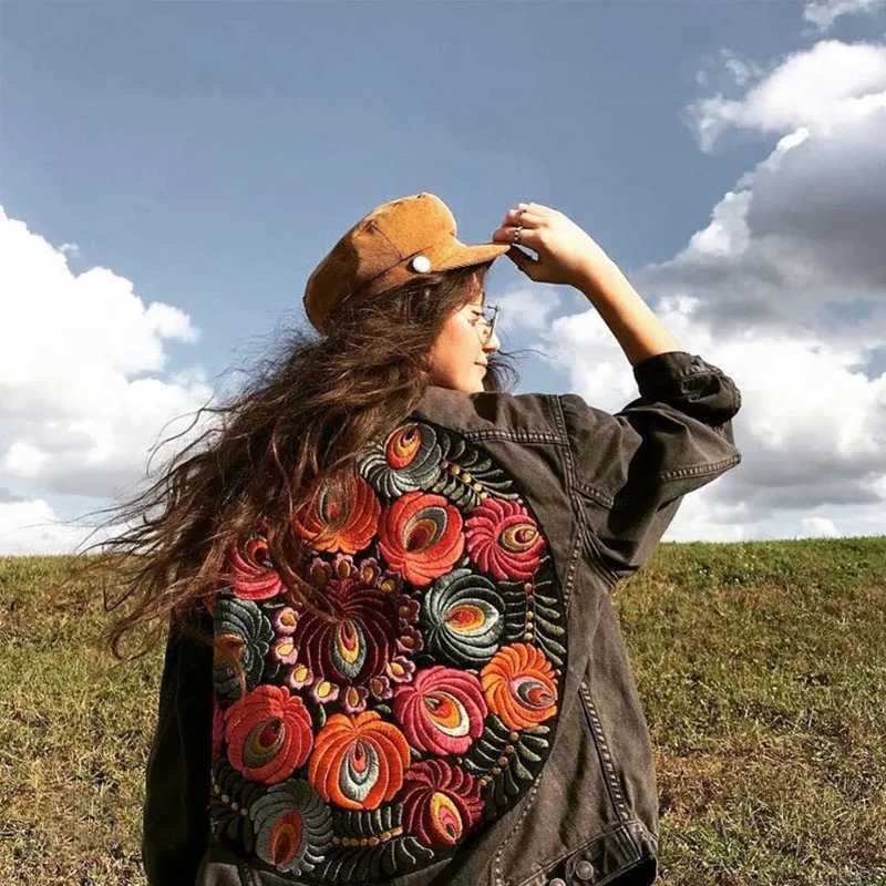 Vintage Oversized Multi Floral Embroidered Denim Jacket Women Cowboy Long Sleeve Lapel Casual Denim Coat Streetwear OutwearX240920