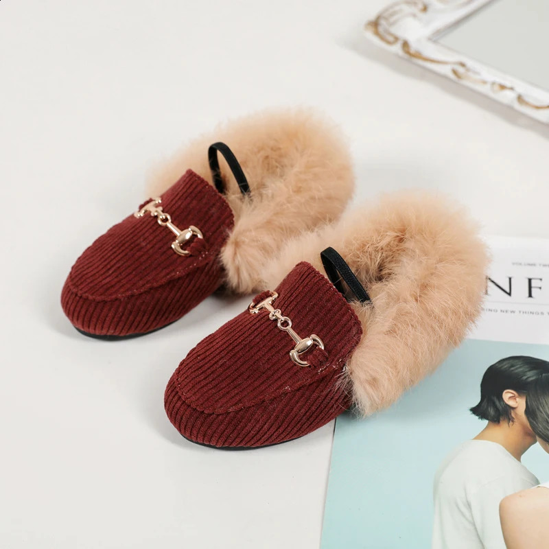 AS Kids Shoes Children Fur Princess Shoes Baby Girls Slip On Loafers Toddler Ballet Flats First Walker Warm Fashion Moccasin 240911