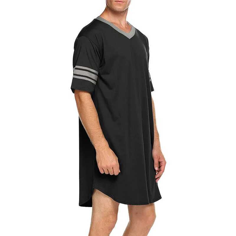 Men Cotton Nightshirt Robes Short Sleeve Soft V-neck Loose Nightwear Summer Casual Male Sleepwear Long Tops Loungewear Dailywear Y240919