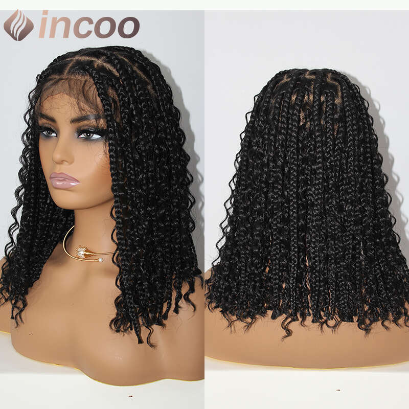 12 Inch Short Bob Braids Goddess Boho Knotless Braid Transparent 360 Full Lace Curly Synthetic Wig Pre-Plucked Baby Hair