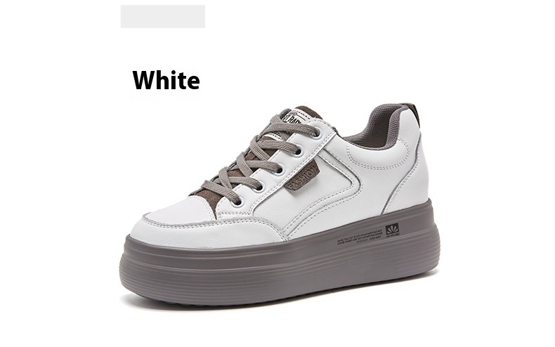 Genuine leather white women, 2024 autumn new versatile thick soled sponge cake with increased height breathable sports and leisure board shoes for wom