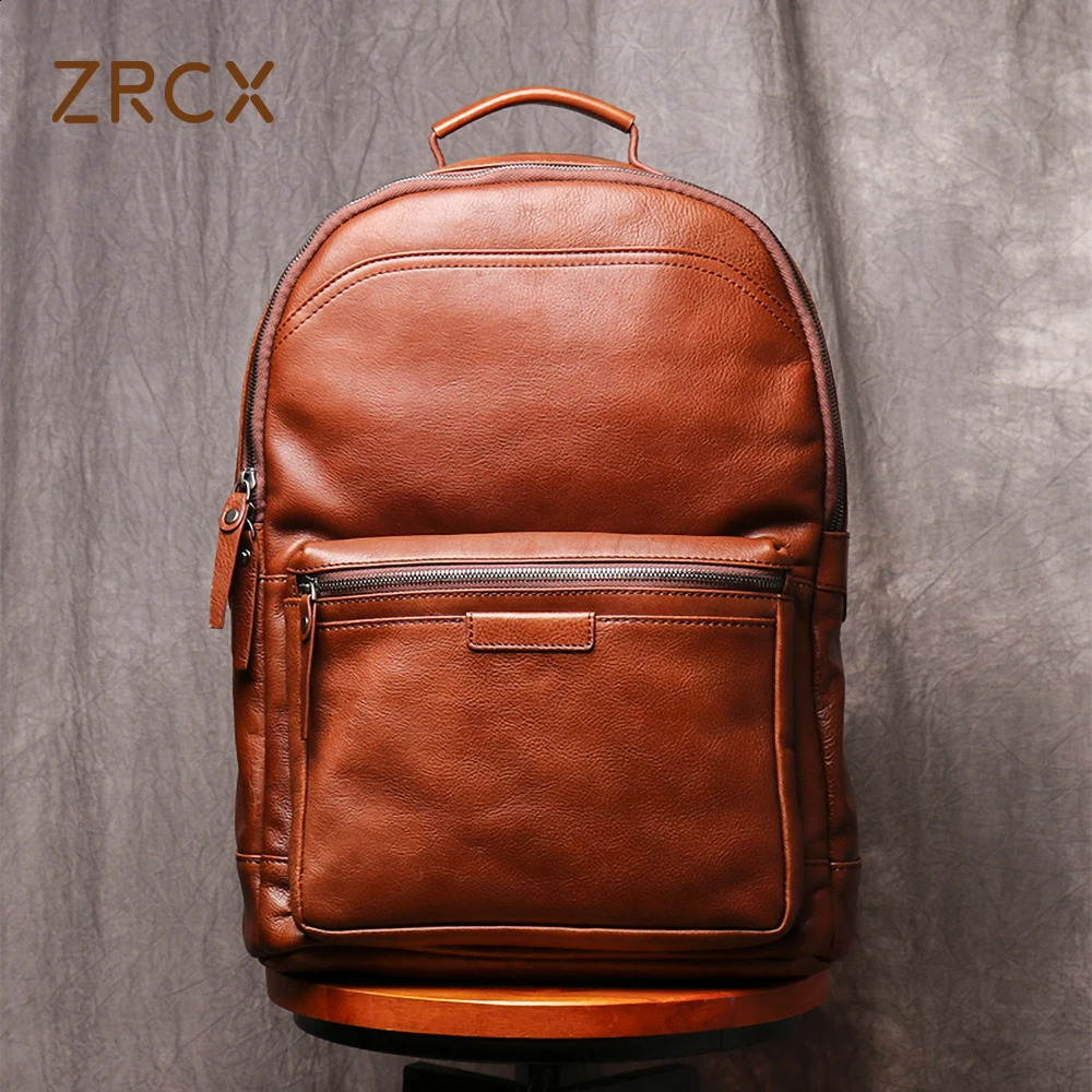 ZRCX genuine leather mens backpack 14 inch laptop backpack travel school backpack mens fashion backpack brown denim backpack 240918