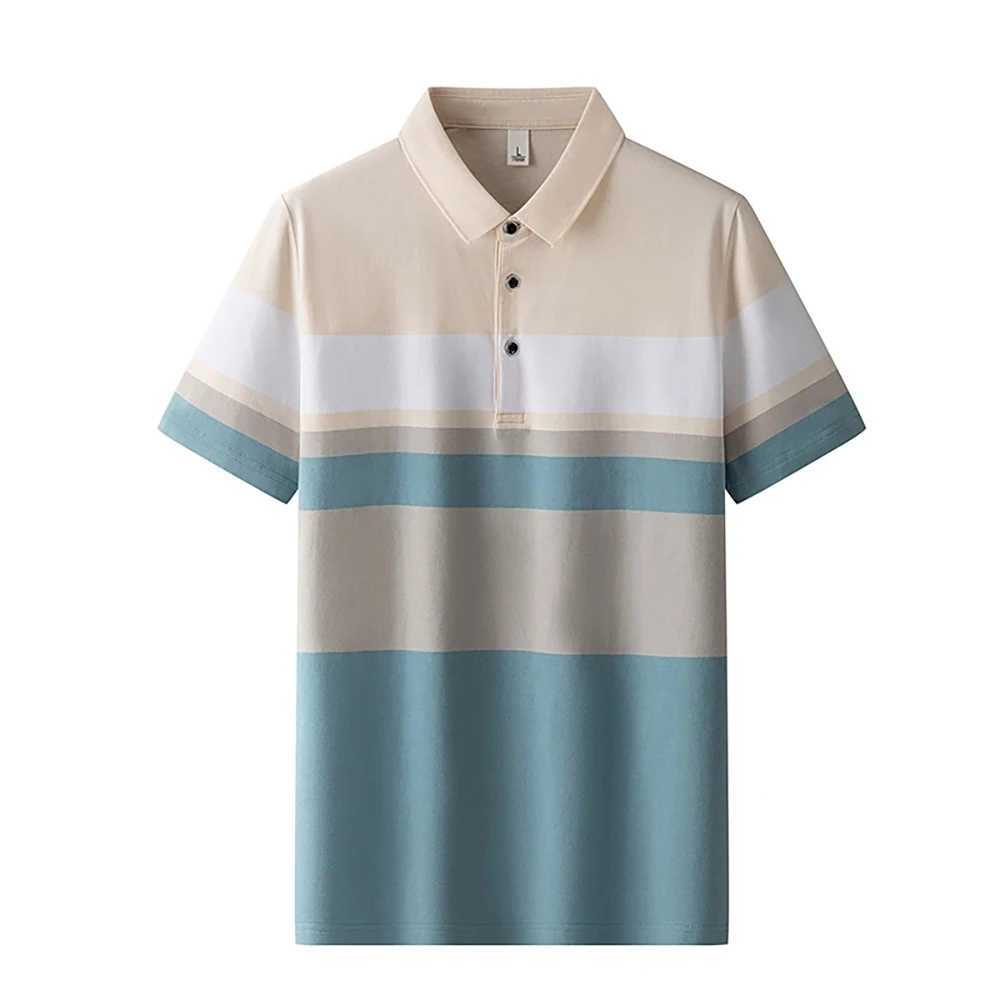 Business Casual Mens Polo T-Shirt Summer Short Sleeves Tops Stripe Print Button T Shirt Oversized Clothing Fashion Polo ShirtsX240920