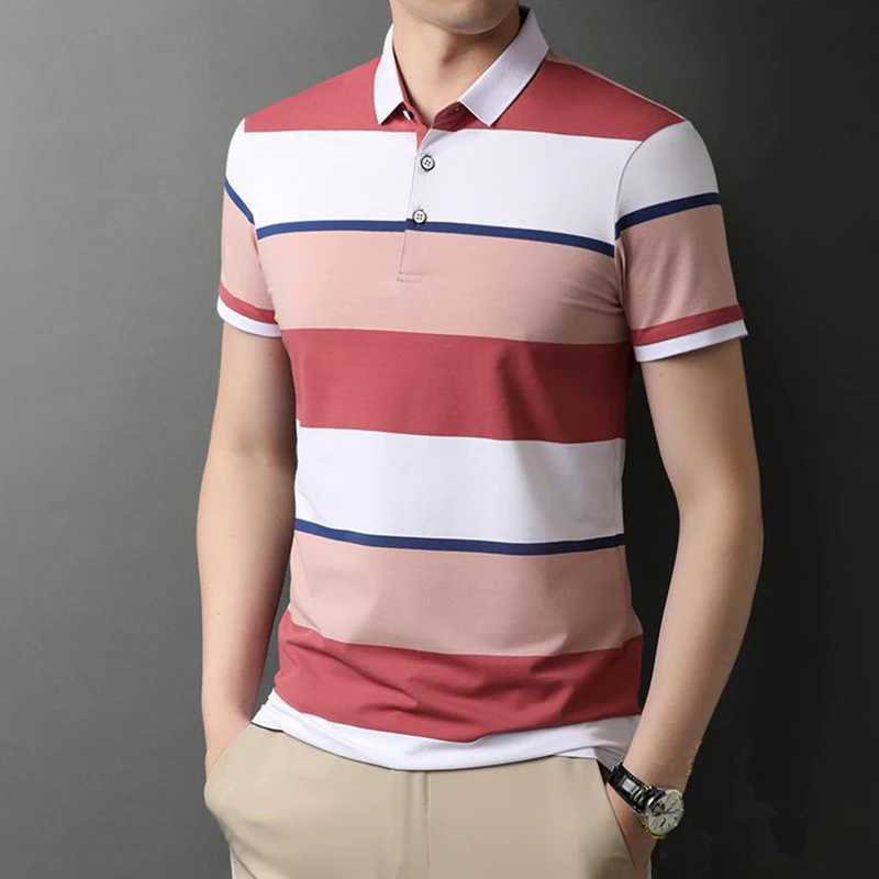 Mens Polo T Shirt Business Casual Simple Stripes Print Summer Short-Sleeve Polo Shirt Fashion Street Wear Oversized ClothesX240920