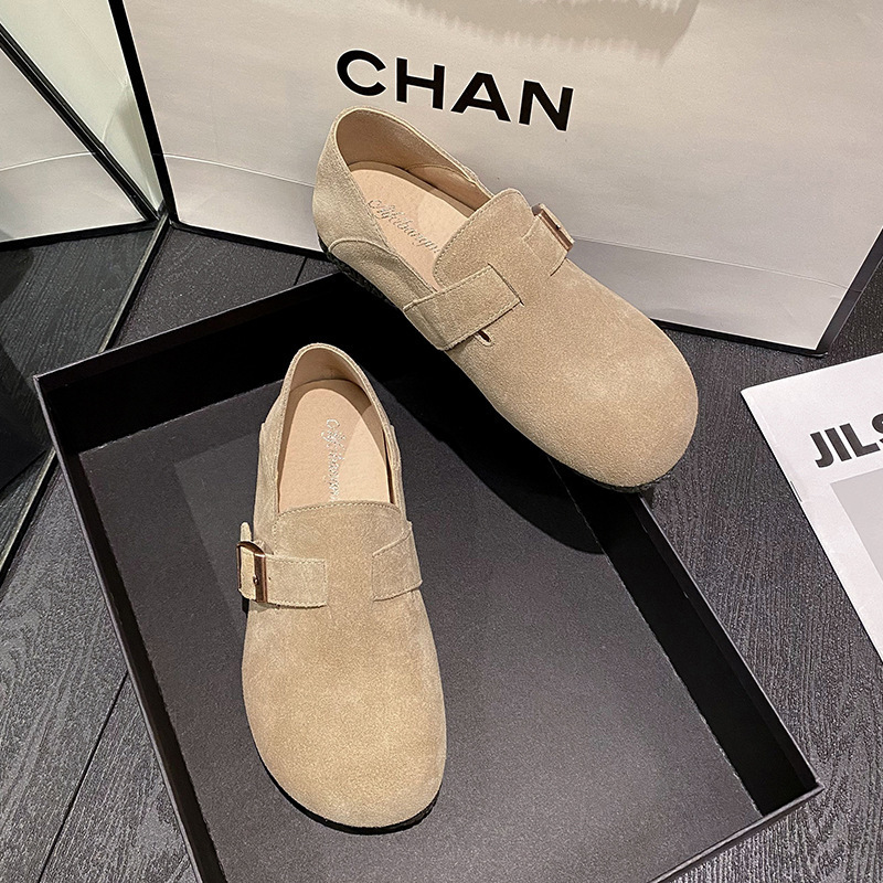 New cowhide Haken shoes for women in spring, casual round toe flat shoes, height increasing single shoes, lazy people, one foot shoes