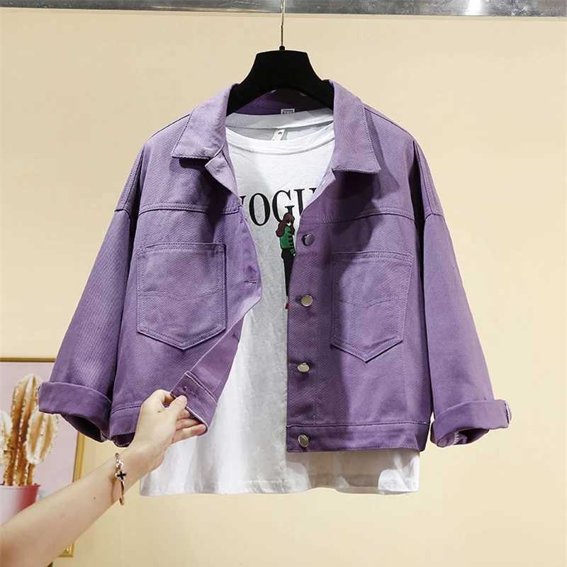 2024 Spring Autumn Purple Denim Jackets Short Womens Coat Pockets Single Breasted Long Sleeve Loose Solid Female Outwear TrendX240920