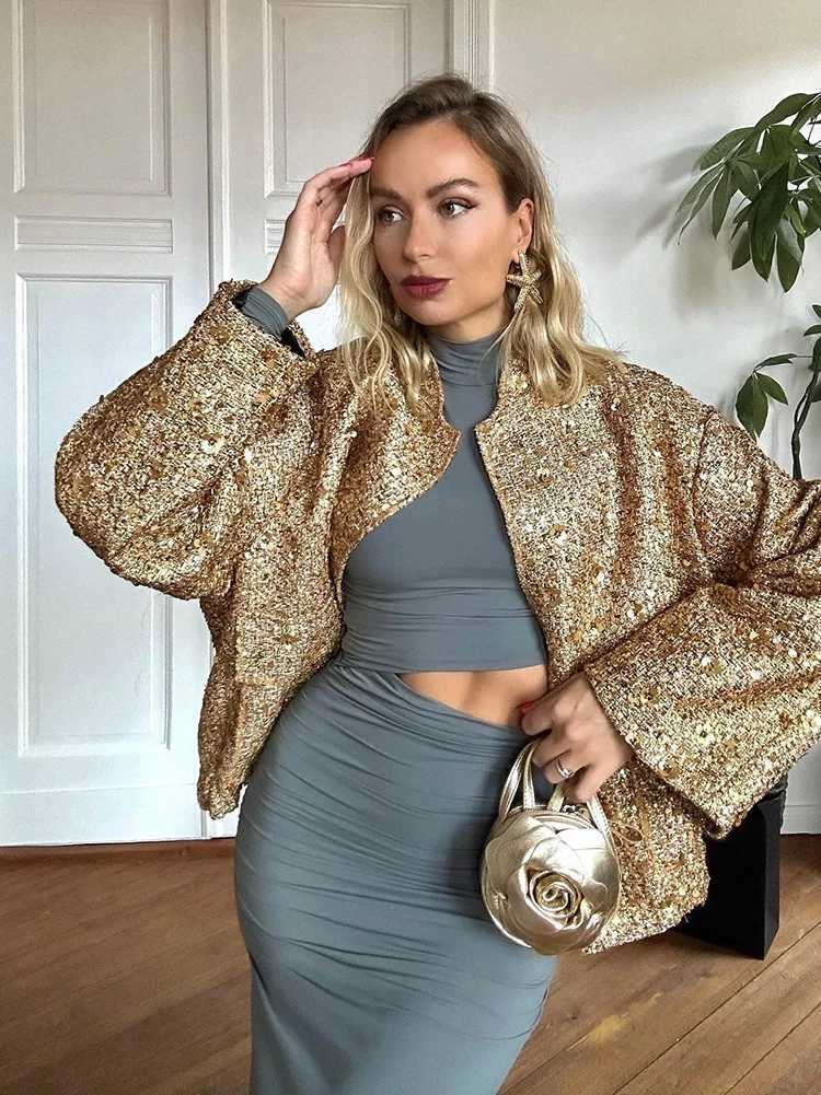 HH TRAF Autumn Sequins Golden Loose Jacket for Women Sparkle Long Sleeve Casual Bomber Jacket with Pockets Female Fashion CoatsX240920