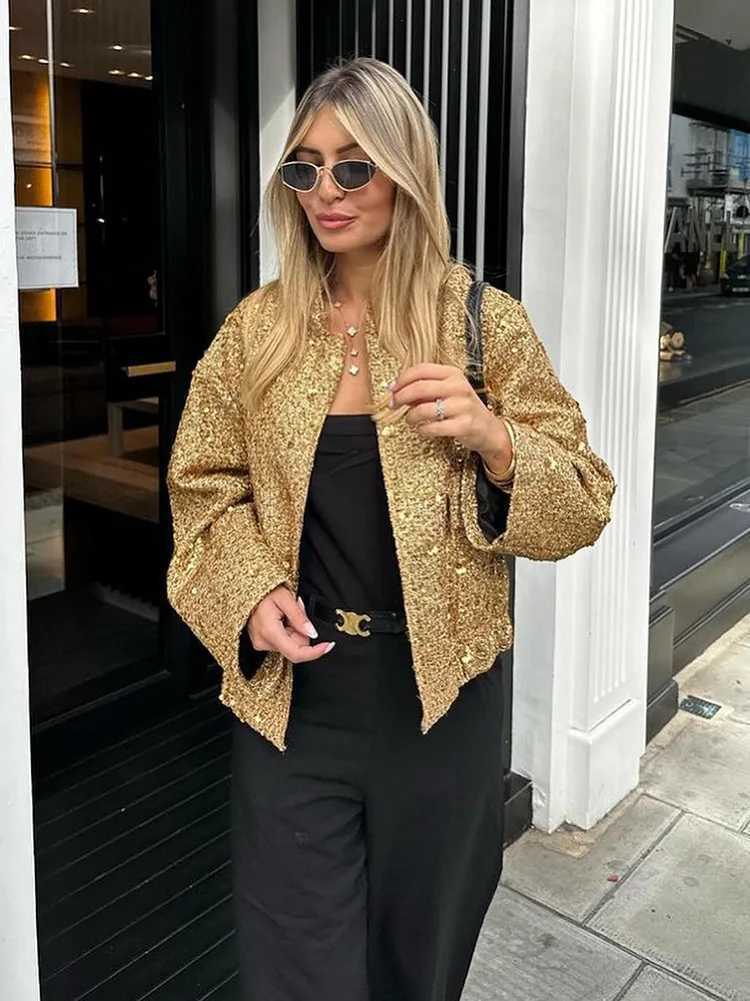 HH TRAF Autumn Sequins Golden Loose Jacket for Women Sparkle Long Sleeve Casual Bomber Jacket with Pockets Female Fashion CoatsX240920