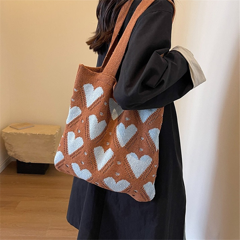 2025NEW Love Pattern Handbag New Knitted Women s Large trend fashion Capacity Weaving Tote Street Trend Shopping Shoulder Travel Bag