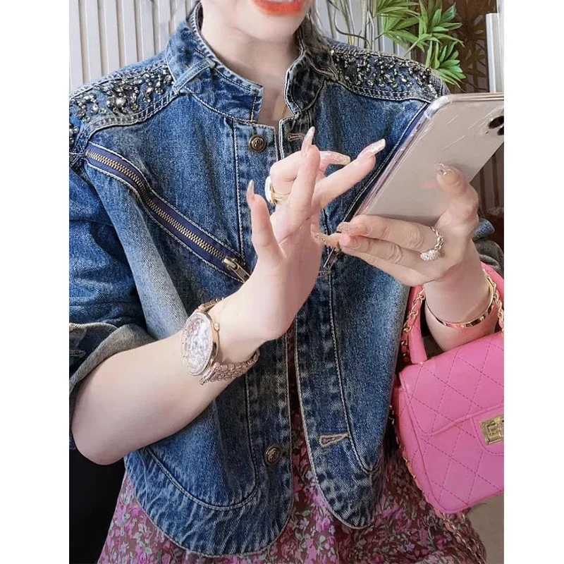 Women Trendy Vintage Y2K Streetwear Rhinestone Zipper Button Denim Jacket Casual Stand Collar Long Sleeve Outerwears Coat Z565X240920
