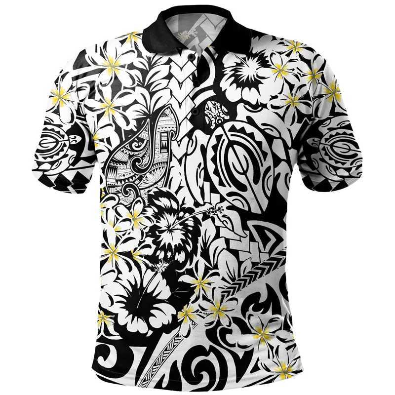 Polynesian Pattern Polo Shirt Men Hawaii Maori 3d Print Lapel Short Sleeves Loose Button Tee Shirts Casual Streetwear T-ShirtX240920