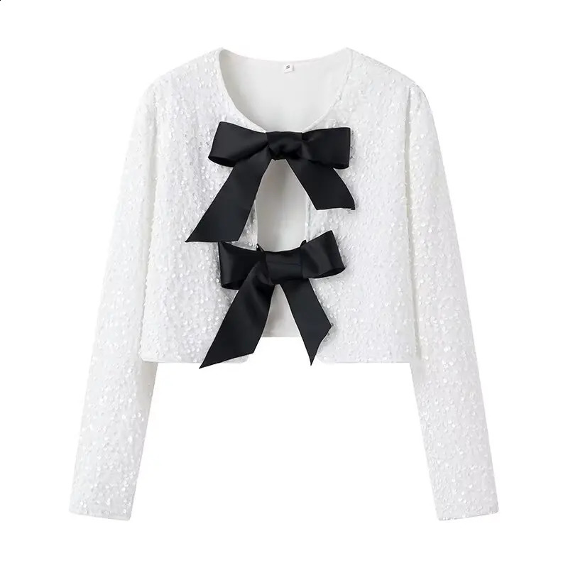 Y2K TRAF Fashion Sequins Jackets for Women 2024 with Bow Chic Female Coats Ladies O-Neck Long Sleeve Short Party Outerwear 240920