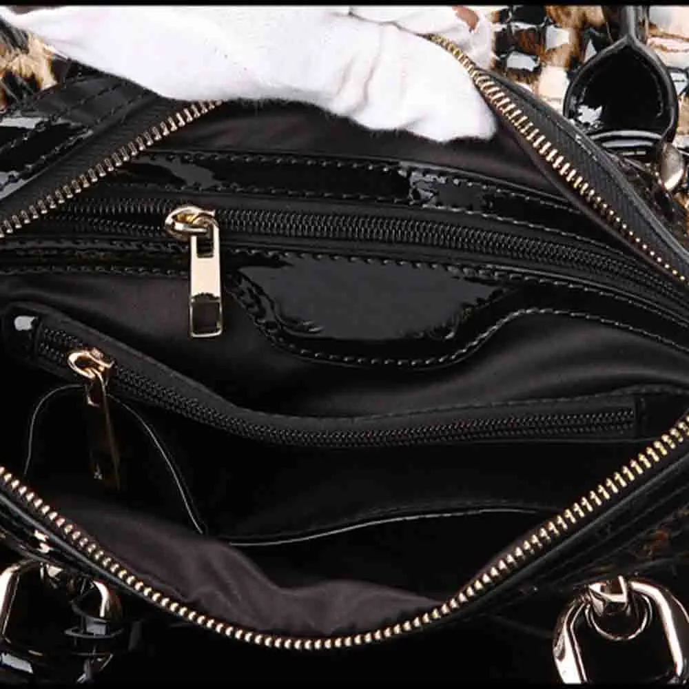 Leopard Print Patent Handbag Genuine Leather Boston Crossbody Pack For Women Large Capacity Female Tote Shoulder Bag 240913