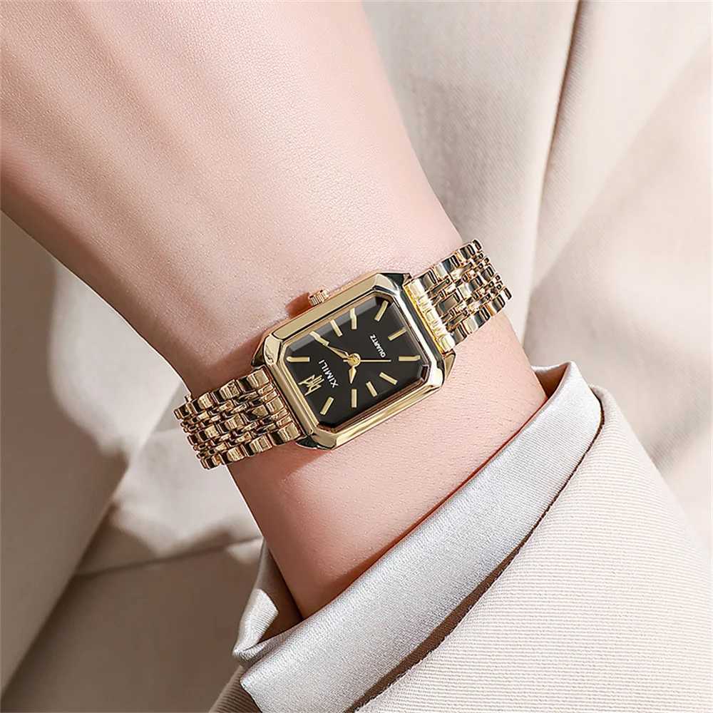 Luxury Ladies Fashion Quartz Watch Simple Scale Square Quality Gold Plated Women Watches Business Stainless Steel Folding ClockX240920