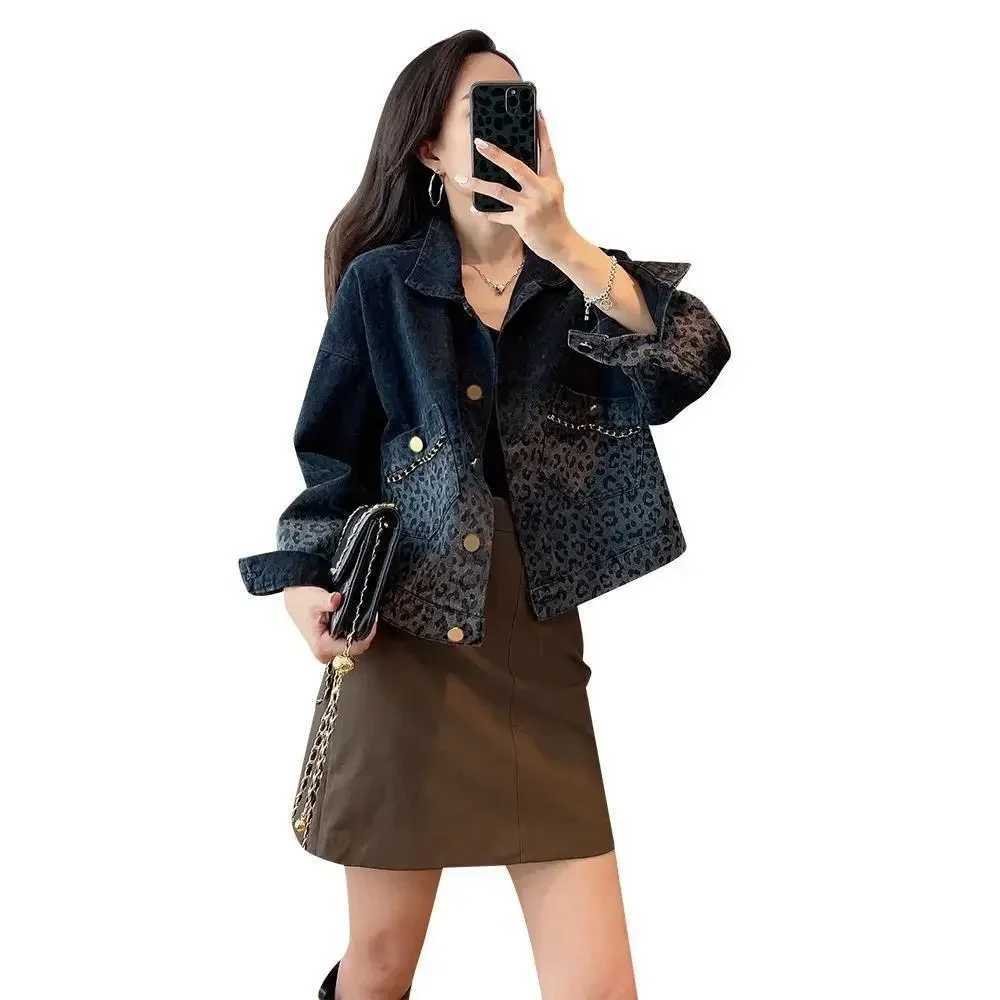 Female Jeans Coat Short Spring Autumn Small Crop Outerwears Graphic Blue Leopard with Print Womens Denim Jackets Black DesignerX240920